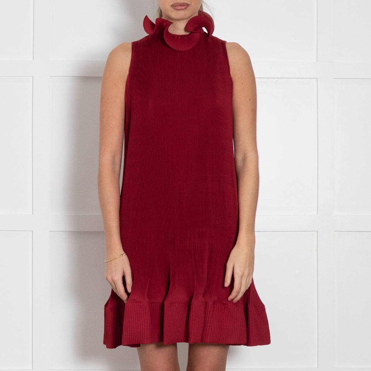 Tibi Red Pleated Silk Sleeveless Short Dress