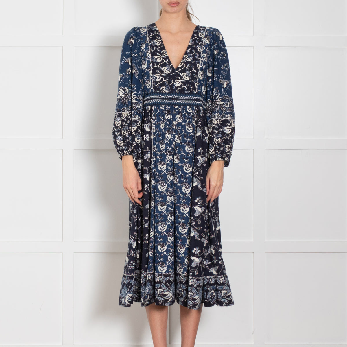 Ulla Johnson Navy Blue Cream Patterned Cotton Blend Maxi Dress