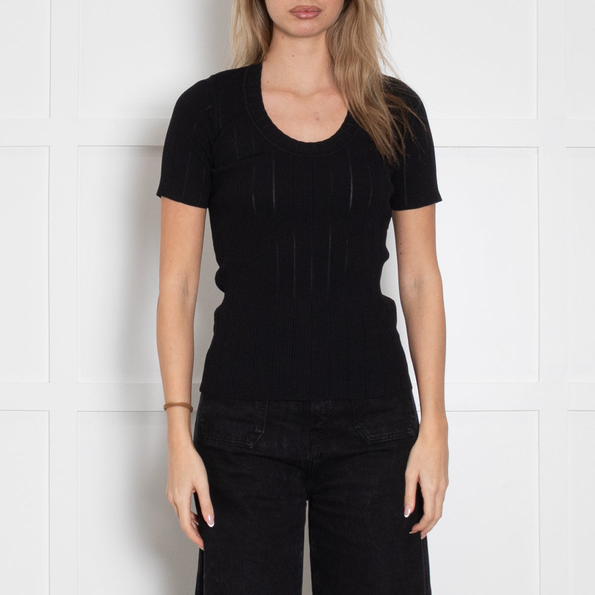 Sandro Black Stretched Ribbed Short Sleeve Top