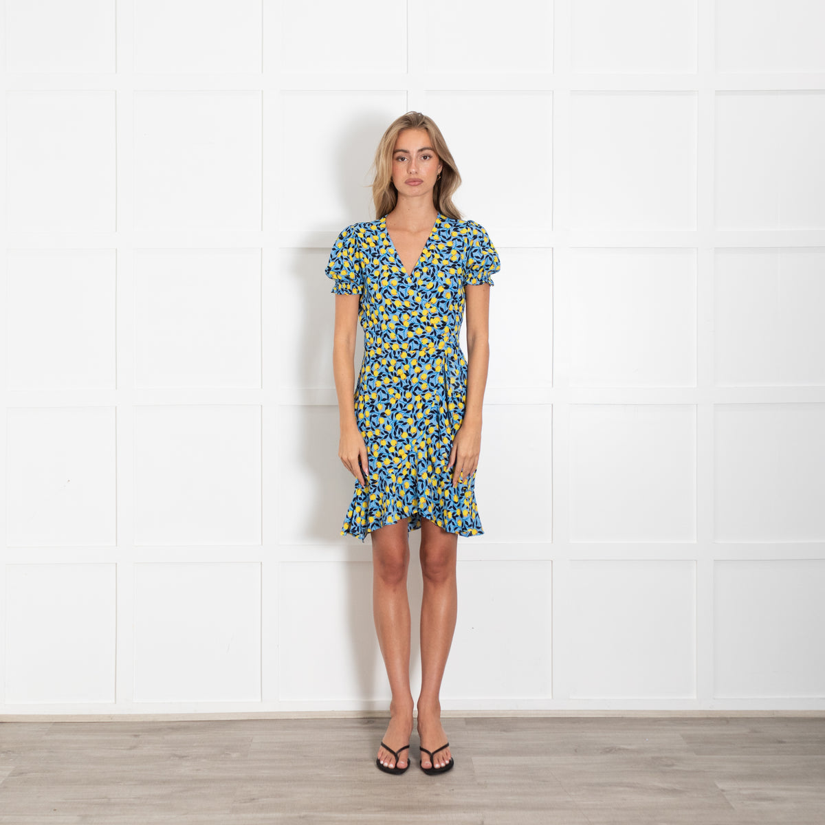 Diane Von Furstenberg Blue And Yellow Lemon Print Wrap Dress