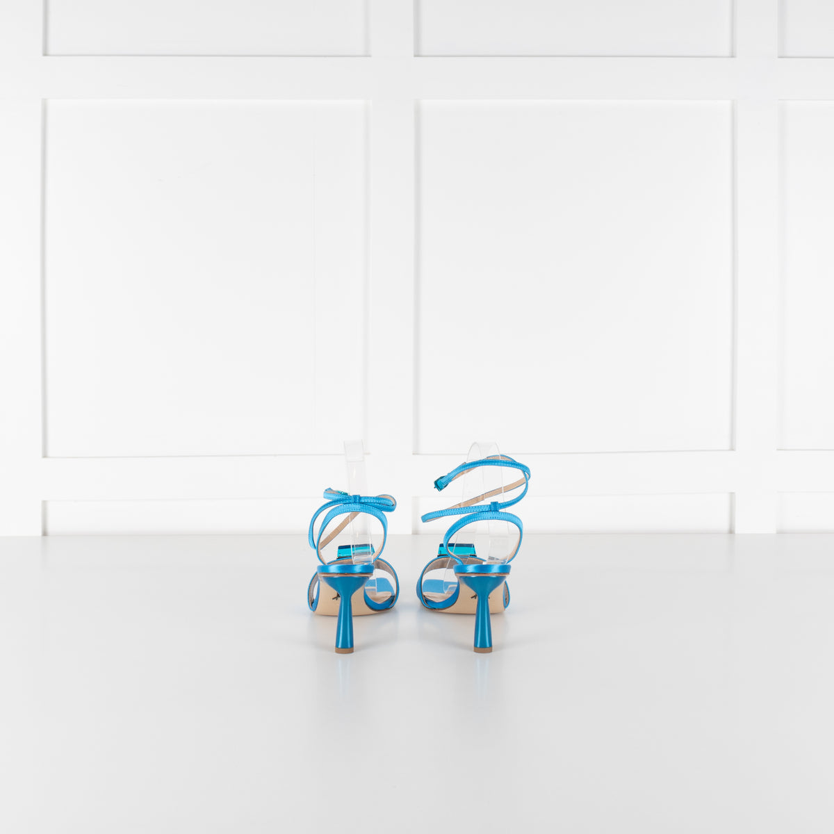 Paul Andrew Turquoise Satin Cube Strappy Heel Sandals