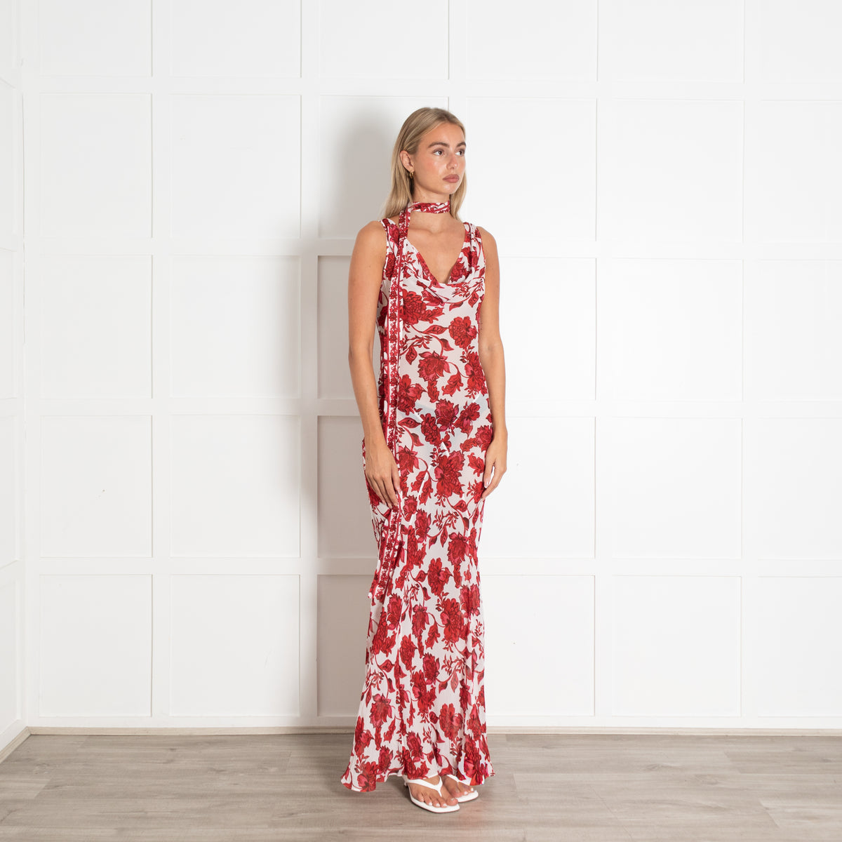 Alexandra Miro Red White Sheer Harper Maxi Dress