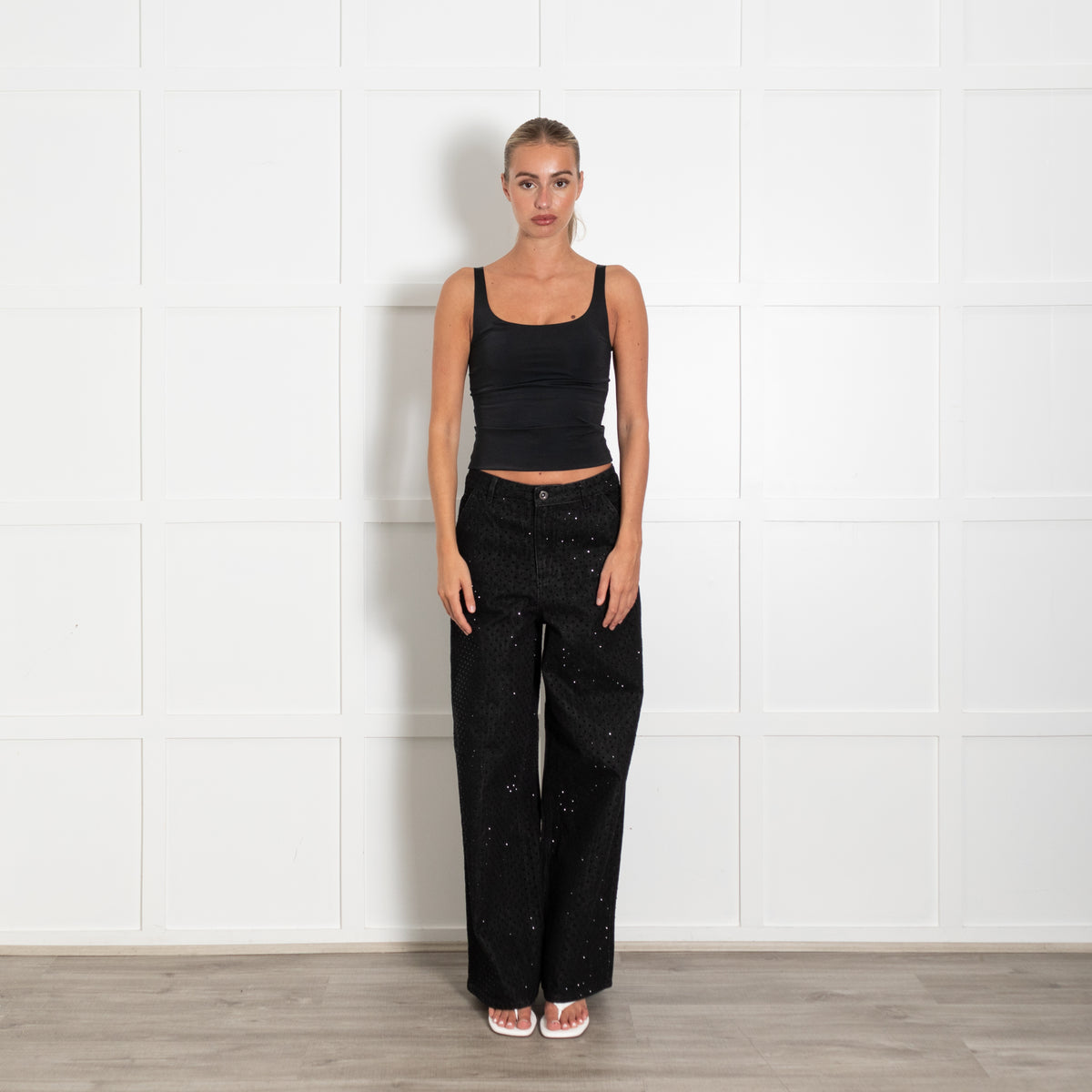 Self-Portrait Black Crystal Embellished Wide Leg Jeans