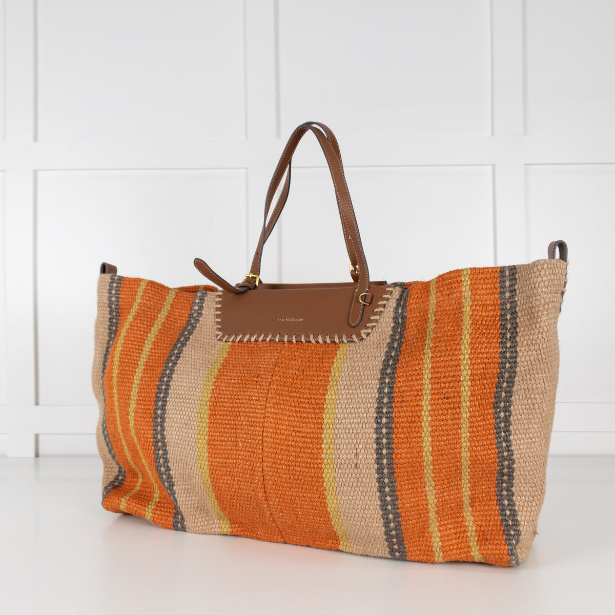 Anya Hindmarch Orange Striped Large Raffia Tote