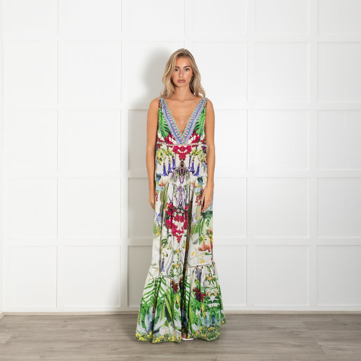 Camilla Cream Green Purple Floral Silk Sleeveless Maxi Dress