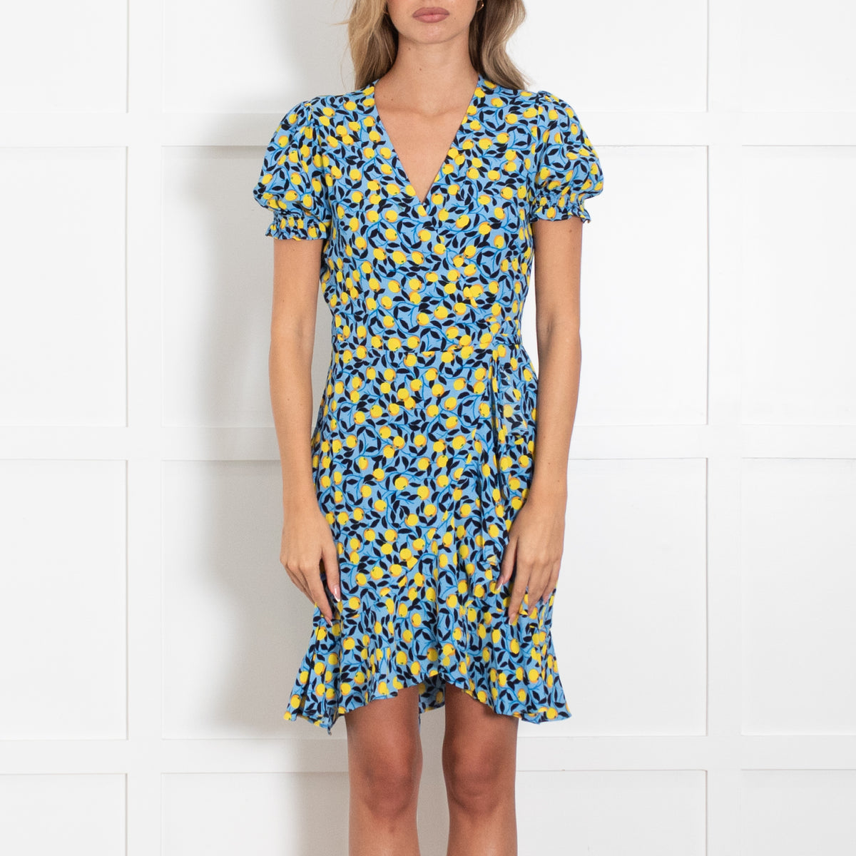 Diane Von Furstenberg Blue And Yellow Lemon Print Wrap Dress