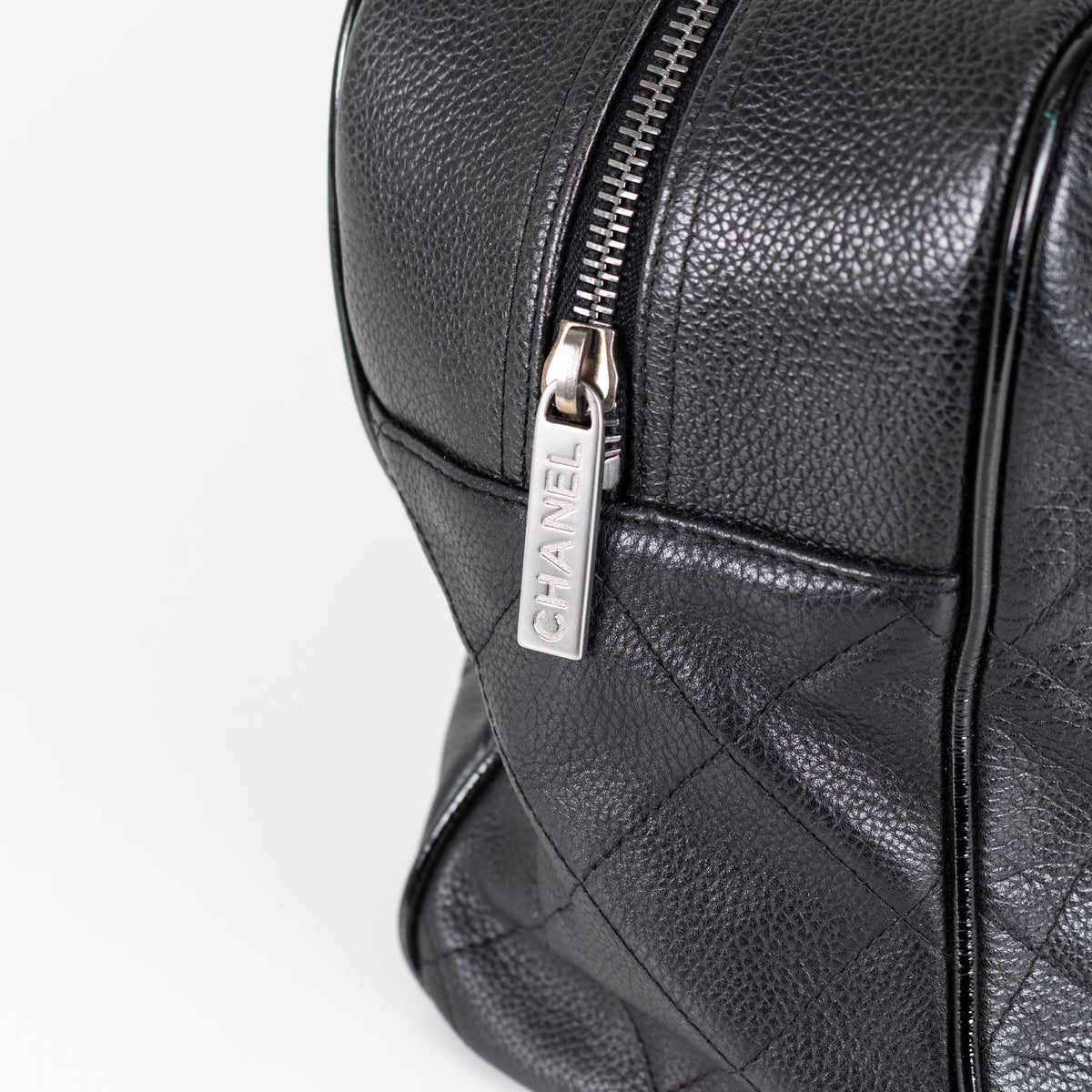 Chanel Quilted Black Caviar Logo Bowler Bag