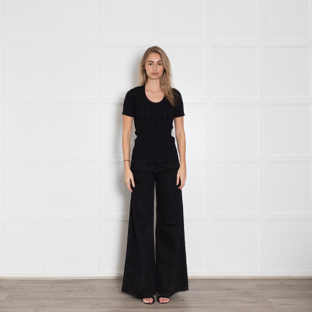 Sandro Black Stretched Ribbed Short Sleeve Top