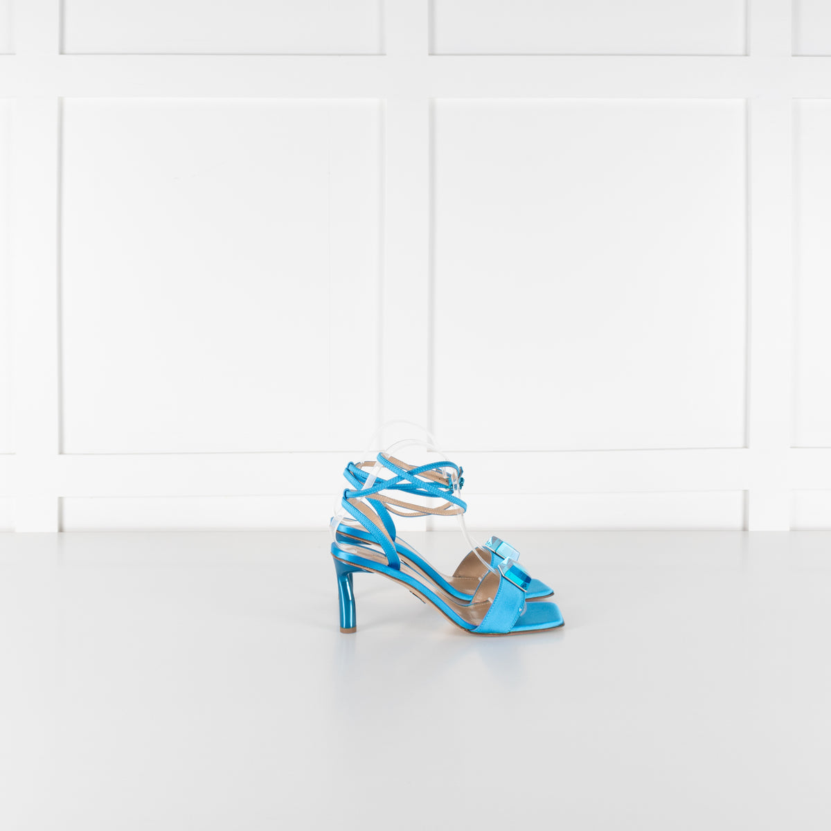 Paul Andrew Turquoise Satin Cube Strappy Heel Sandals