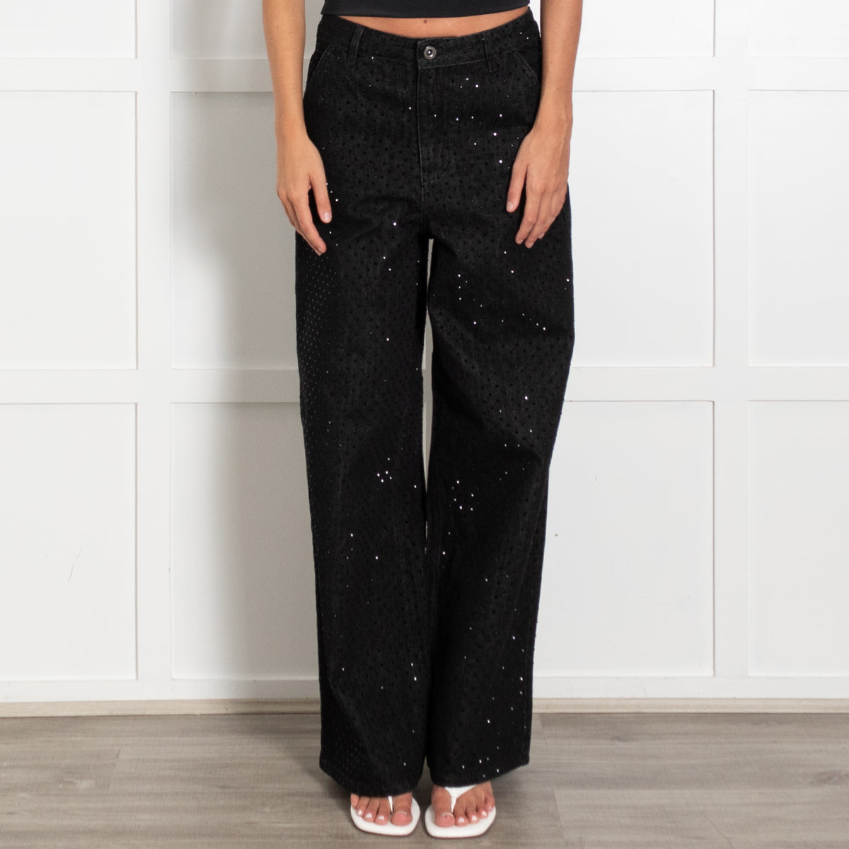 Self-Portrait Black Crystal Embellished Wide Leg Jeans