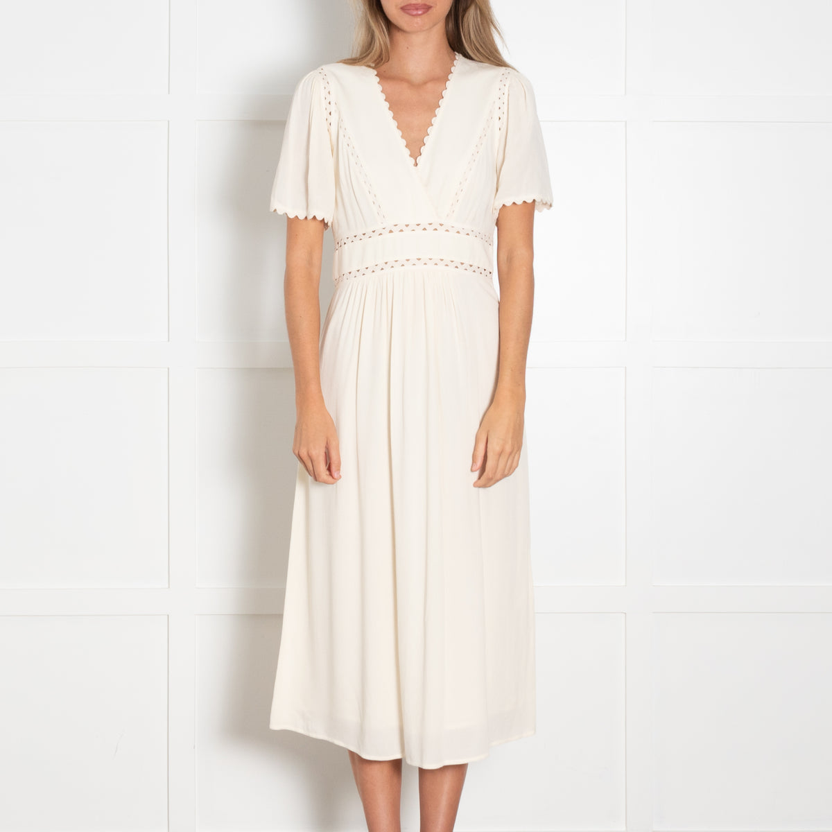Ba&Sh Pale Yellow Scallop Trim Short Sleeve Midi Dress