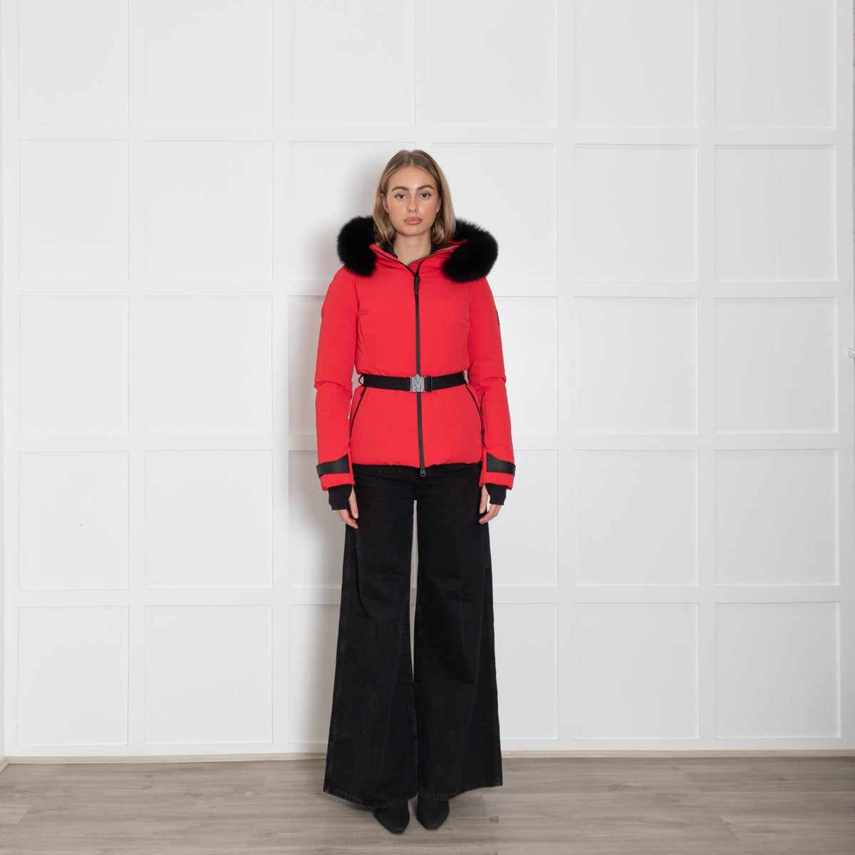 Mackage Krystal Red Black Fur Trim Hood Black Belt Ski Jacket