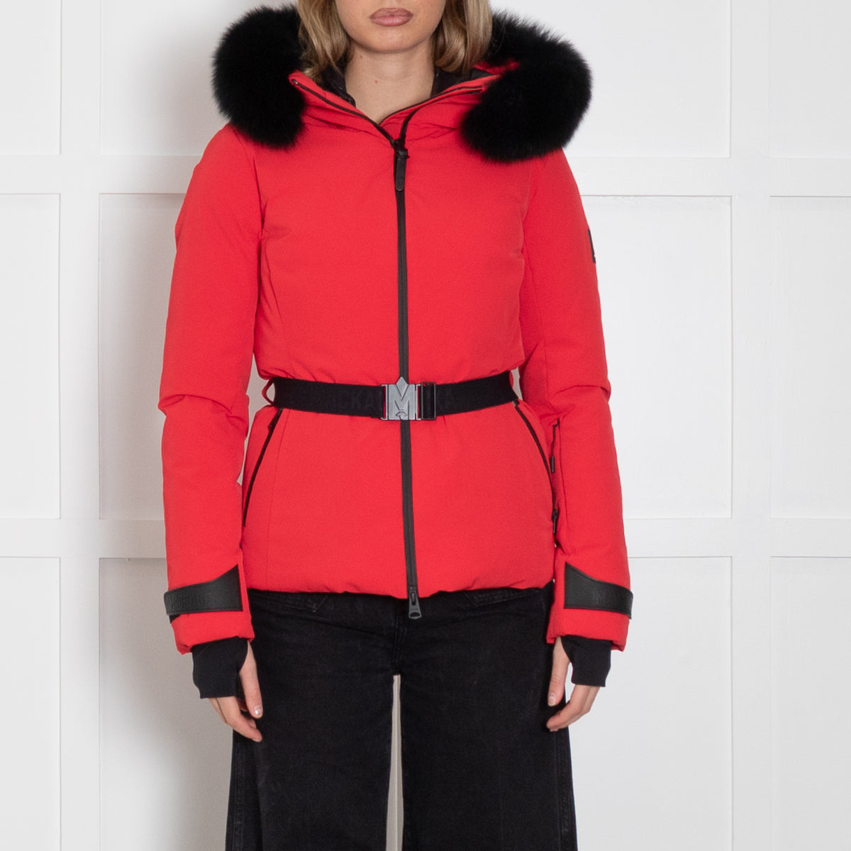 Mackage Krystal Red Black Fur Trim Hood Black Belt Ski Jacket