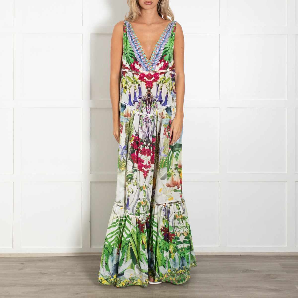 Camilla Cream Green Purple Floral Silk Sleeveless Maxi Dress