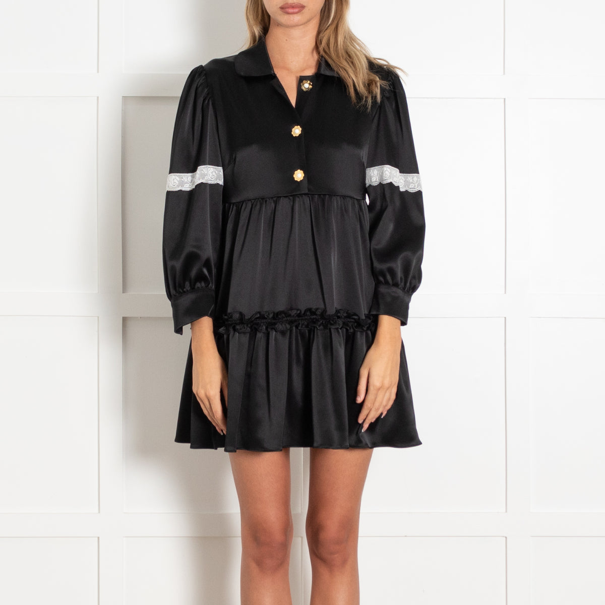 Art Dealer Black White Lace Gold Button Satin Dress