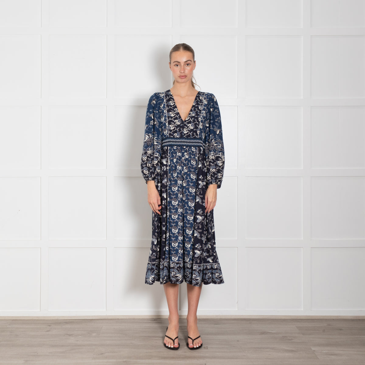 Ulla Johnson Navy Blue Cream Patterned Cotton Blend Maxi Dress