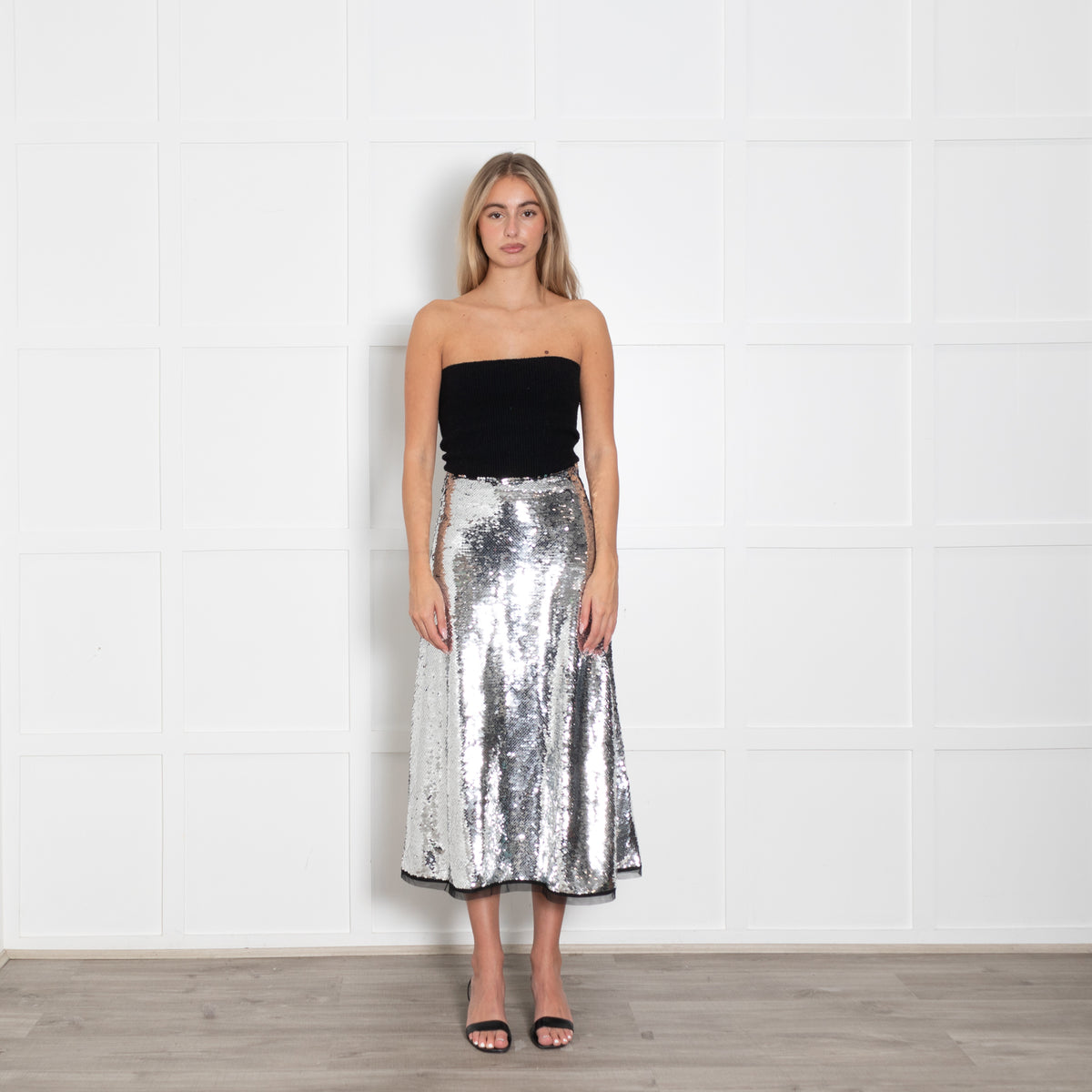 Molly Goddard Silver Sequin A Line Midi Skirt