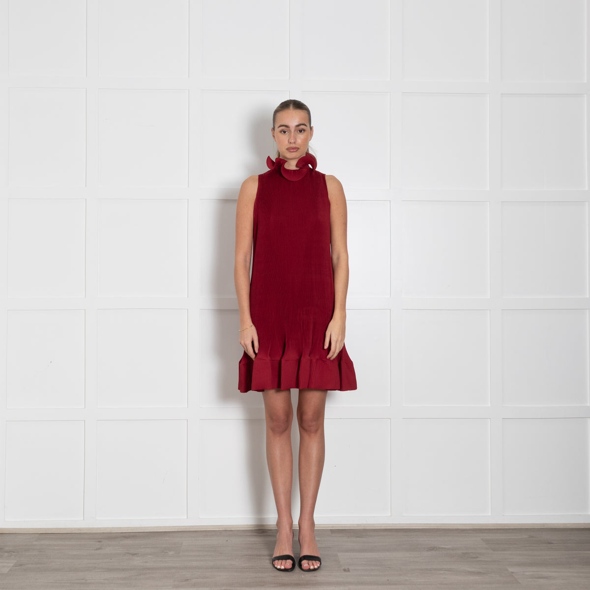 Tibi Red Pleated Silk Sleeveless Short Dress