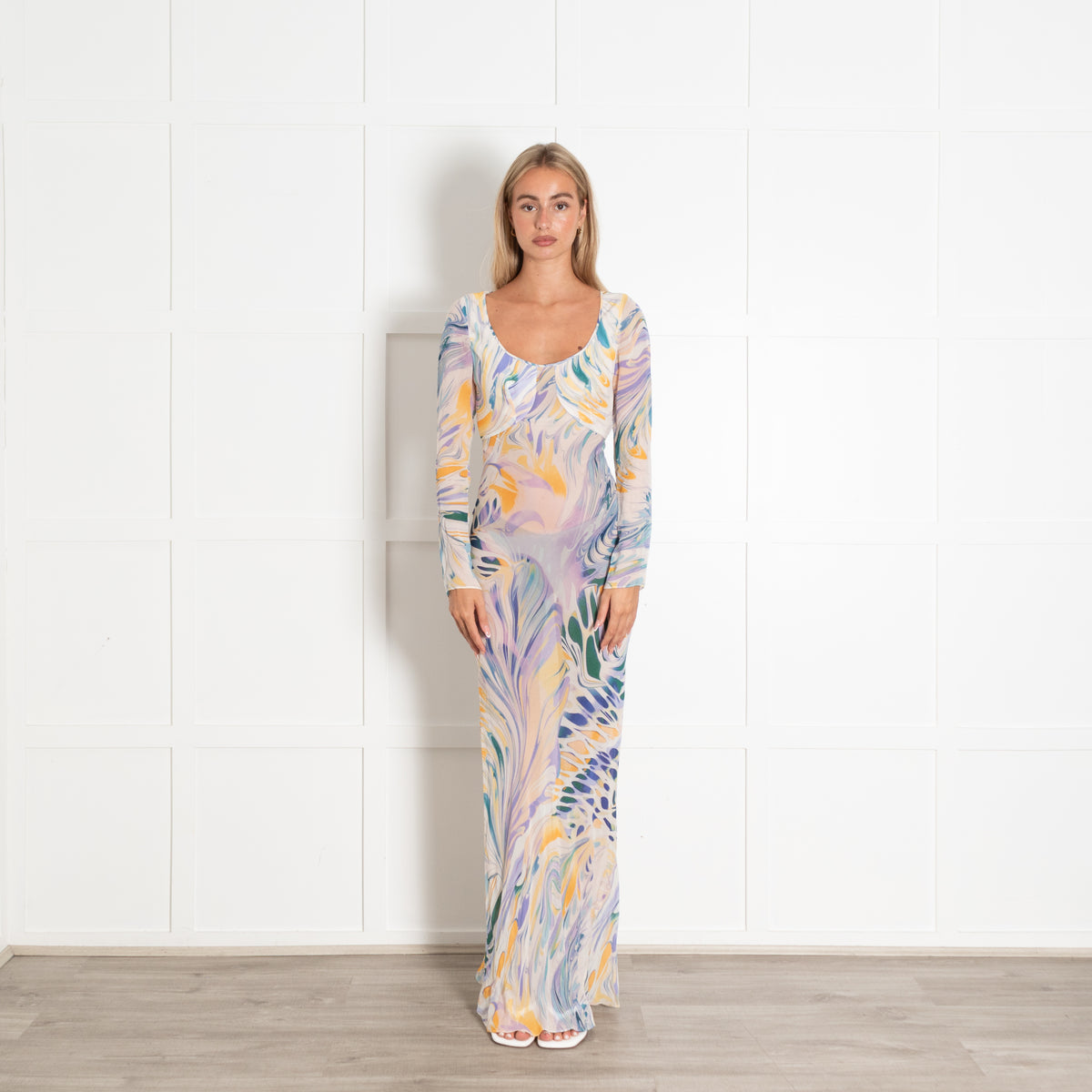 Alexandra Miro White Purple Sheer Lois Wave Maxi Dress