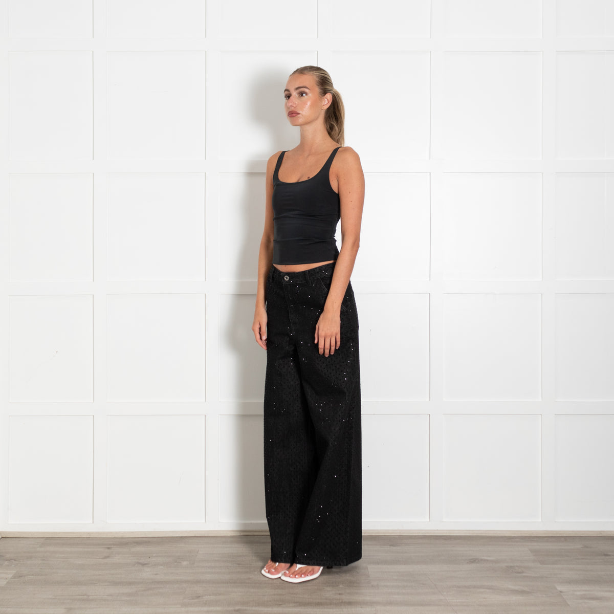 Self-Portrait Black Crystal Embellished Wide Leg Jeans