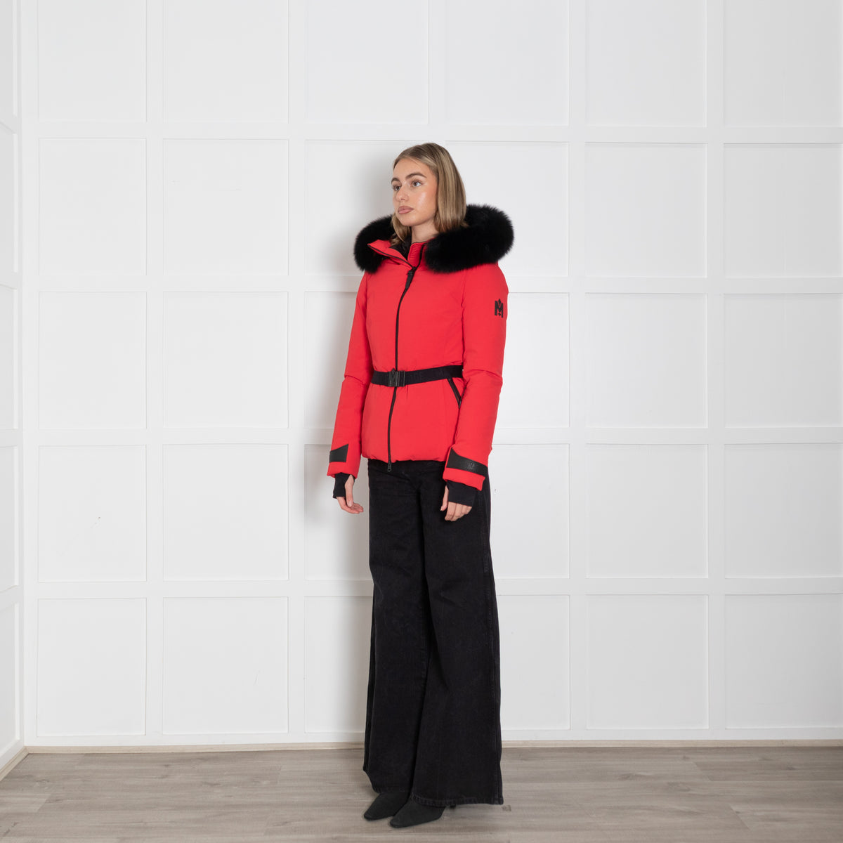 Mackage Krystal Red Black Fur Trim Hood Black Belt Ski Jacket