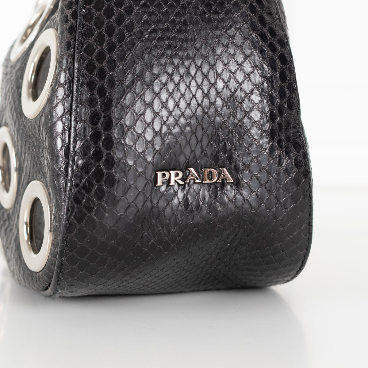 Prada Black Vitello Daino Silver Grommet Detail Bag