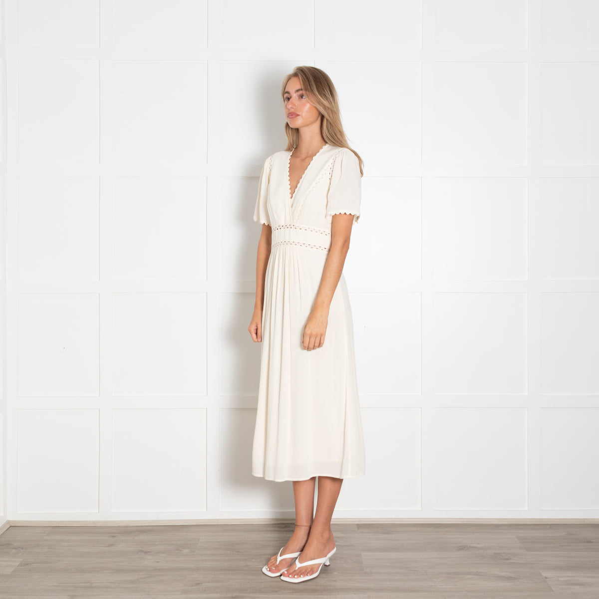 Ba&Sh Pale Yellow Scallop Trim Short Sleeve Midi Dress
