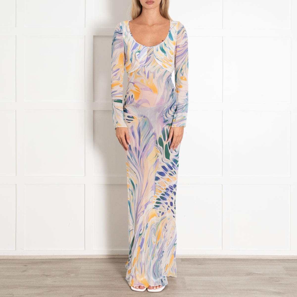 Alexandra Miro White Purple Sheer Lois Wave Maxi Dress