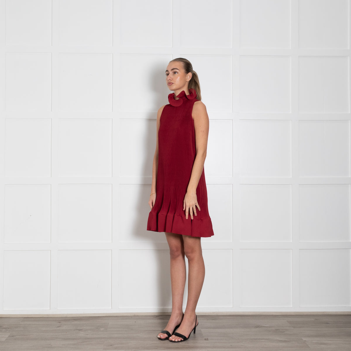 Tibi Red Pleated Silk Sleeveless Short Dress