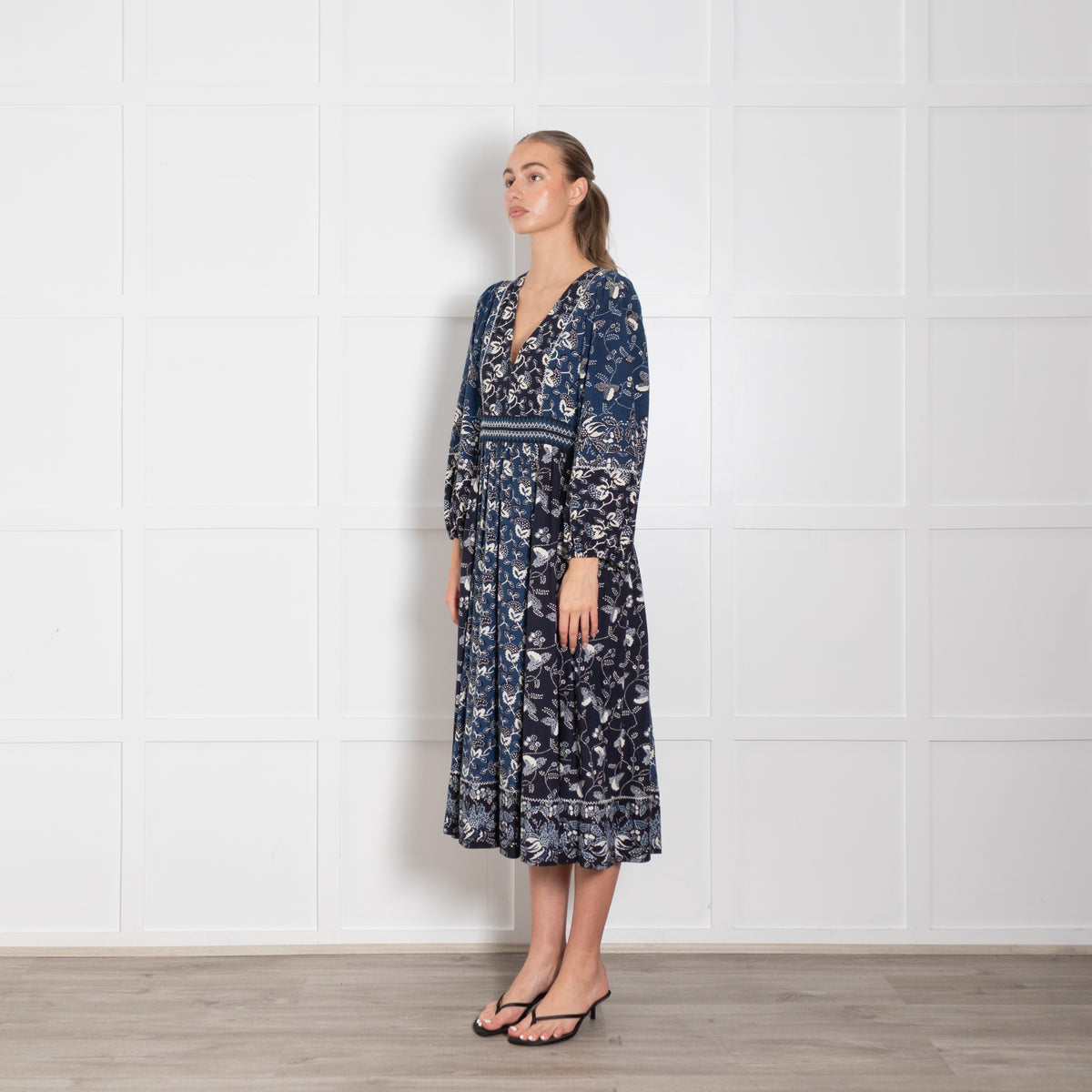 Ulla Johnson Navy Blue Cream Patterned Cotton Blend Maxi Dress