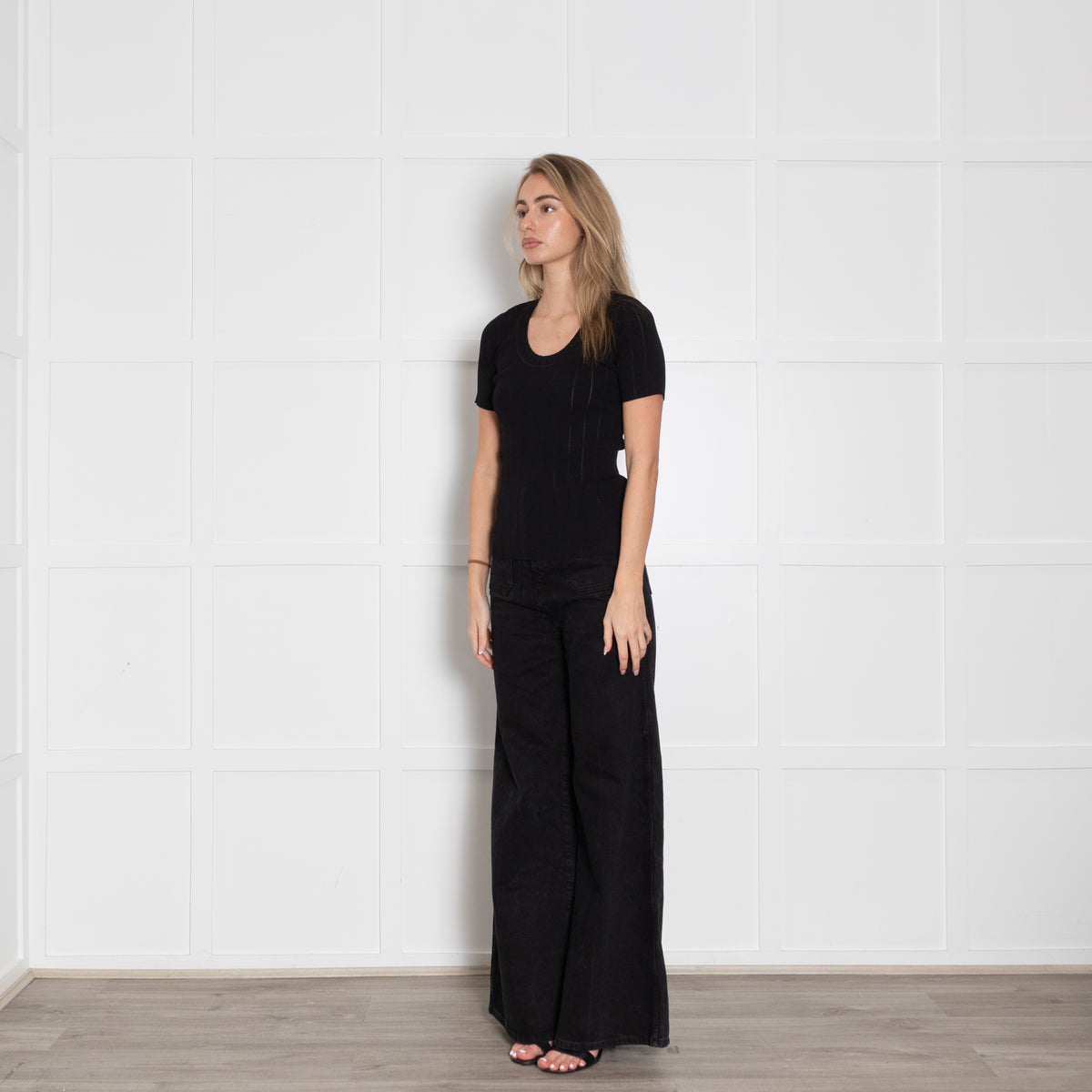 Sandro Black Stretched Ribbed Short Sleeve Top