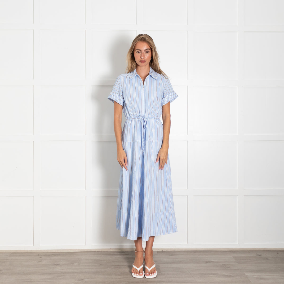 Me + Em Blue And White Drawstring Waist Maxi Shirt Dress