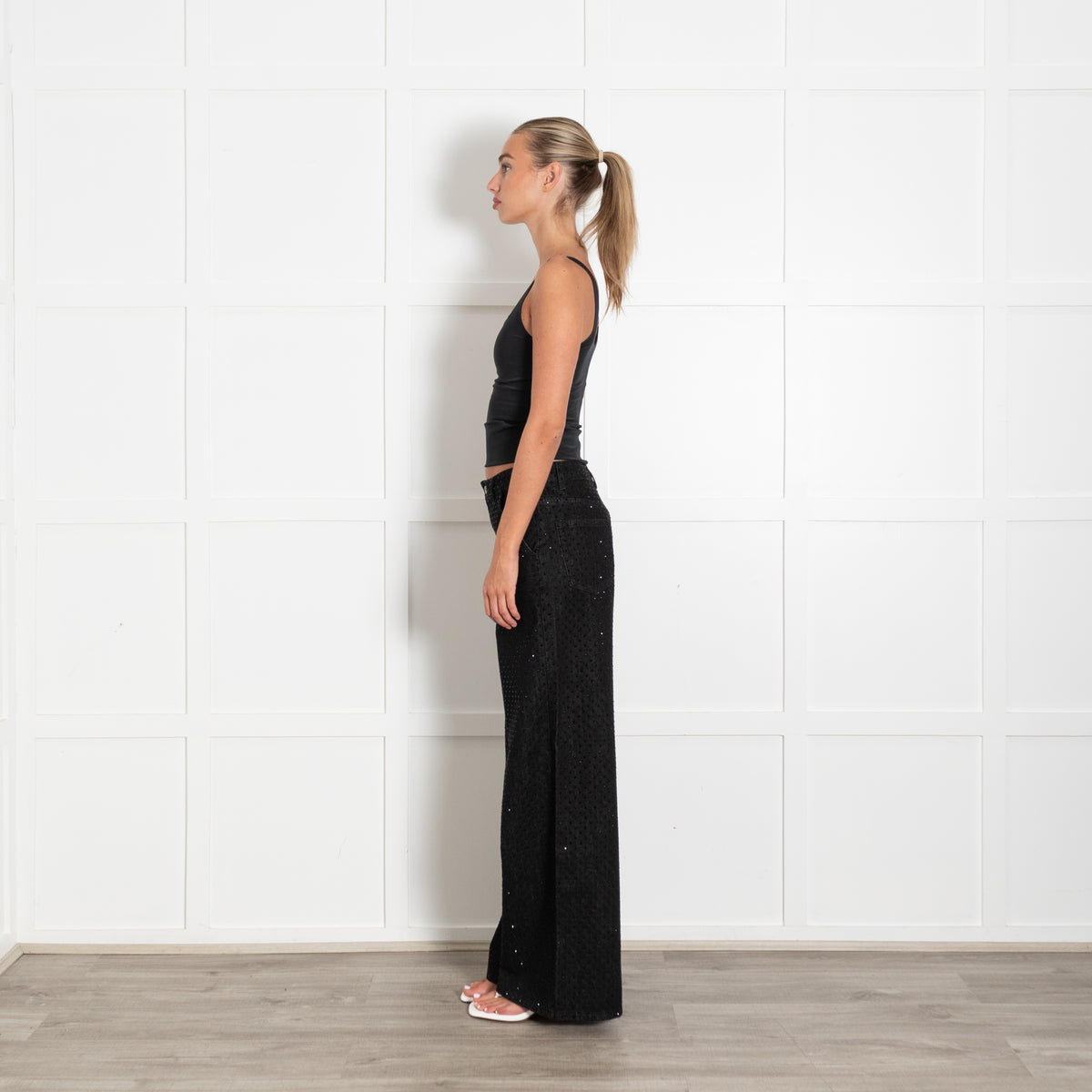 Self-Portrait Black Crystal Embellished Wide Leg Jeans