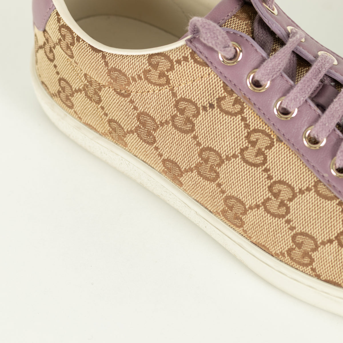 Gucci Beige Canvas Purple Trim Leather Guccissima Low Top Trainers