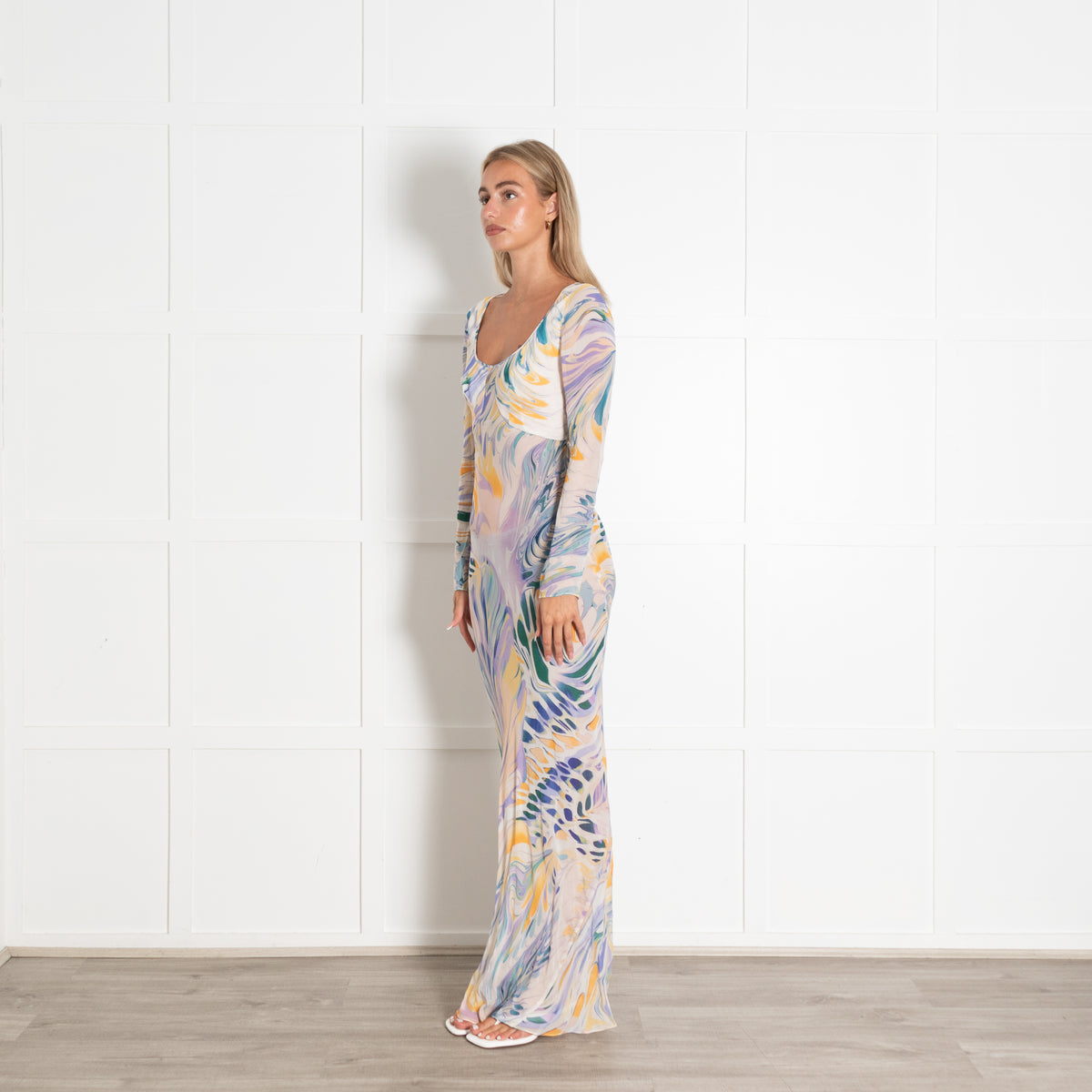 Alexandra Miro White Purple Sheer Lois Wave Maxi Dress