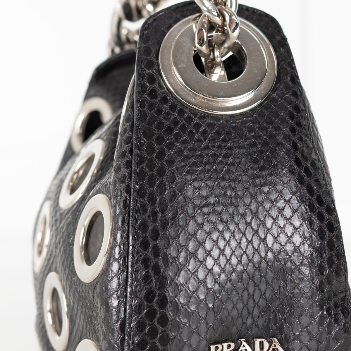Prada Black Vitello Daino Silver Grommet Detail Bag