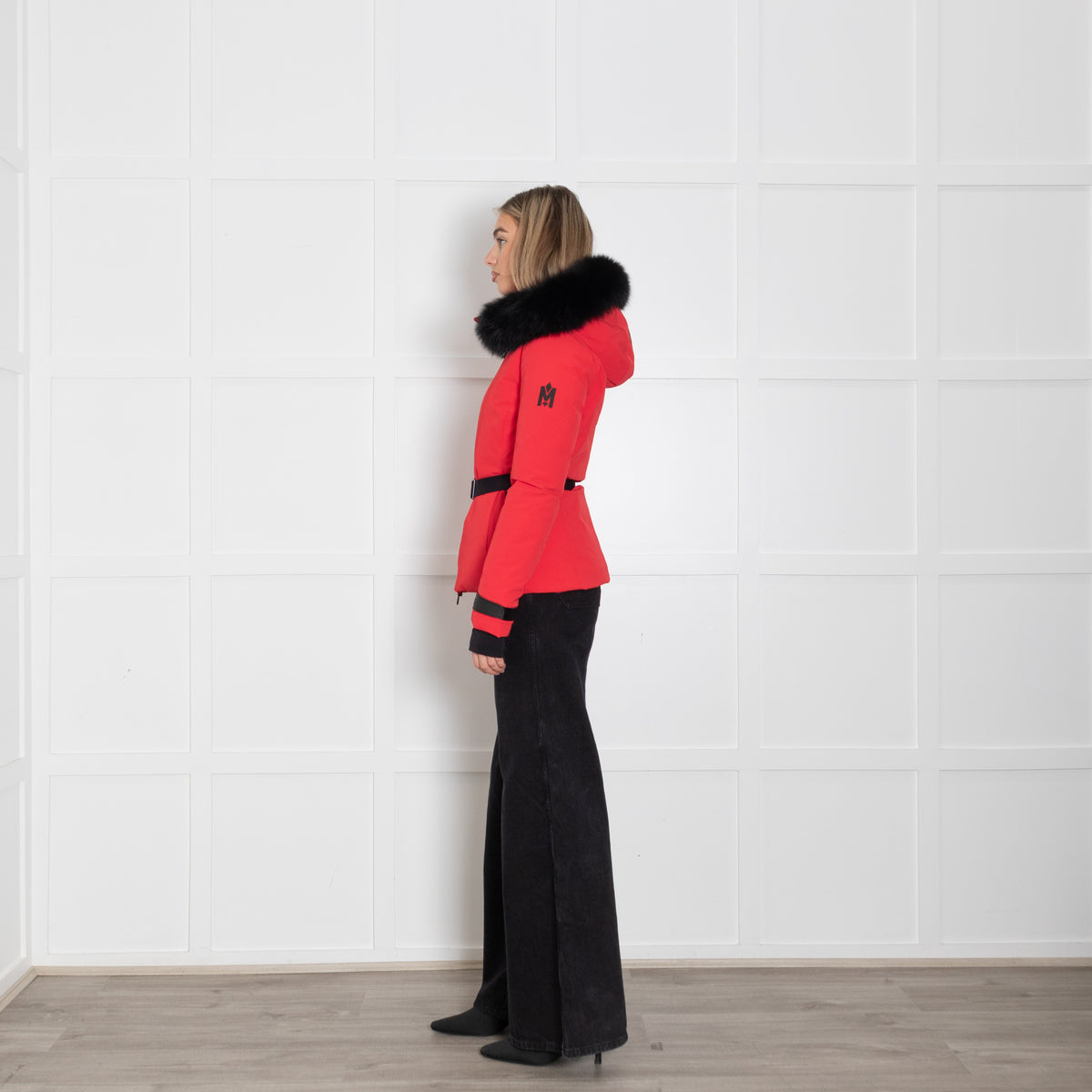 Mackage Krystal Red Black Fur Trim Hood Black Belt Ski Jacket