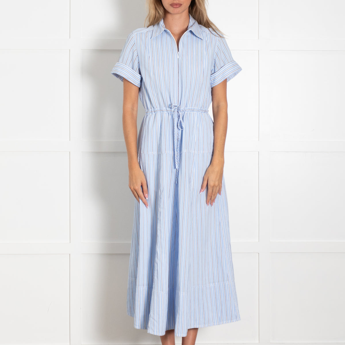 Me + Em Blue And White Drawstring Waist Maxi Shirt Dress