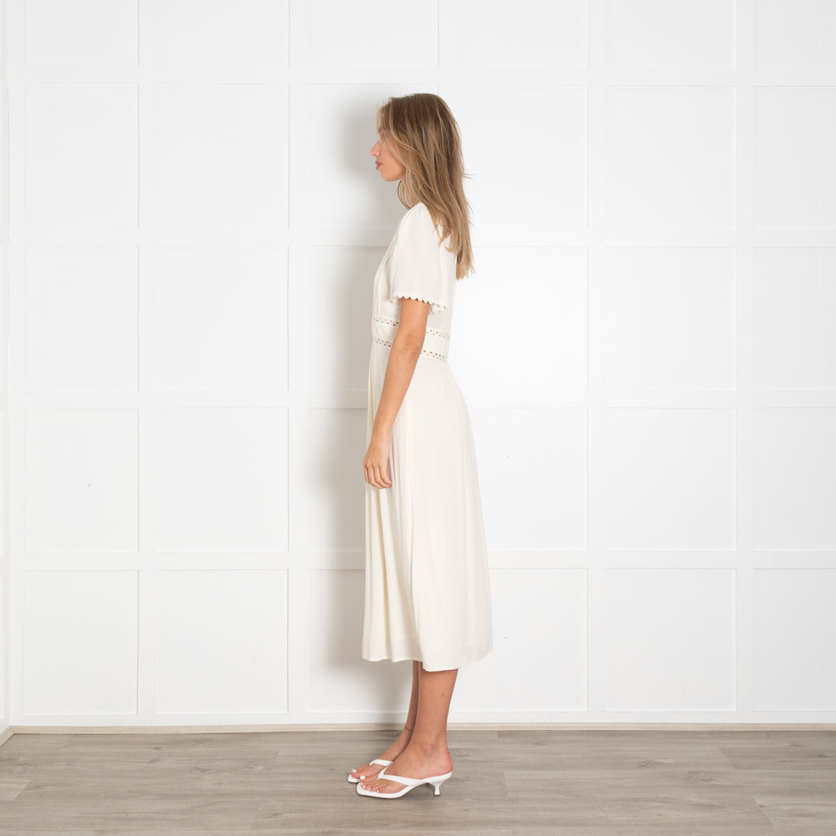 Ba&Sh Pale Yellow Scallop Trim Short Sleeve Midi Dress