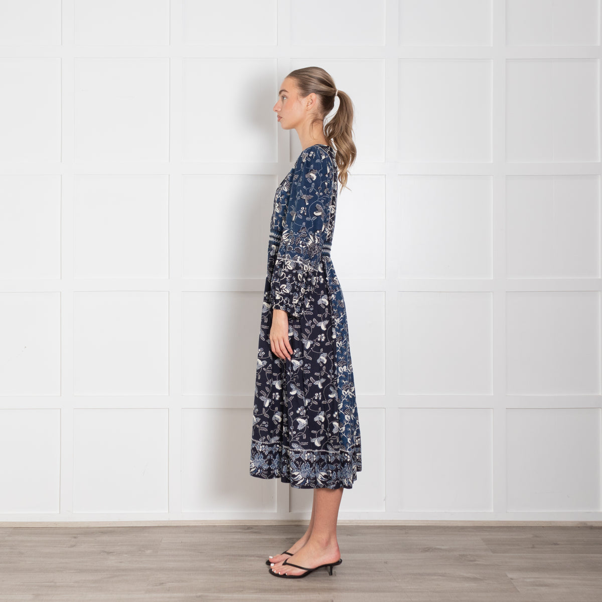 Ulla Johnson Navy Blue Cream Patterned Cotton Blend Maxi Dress