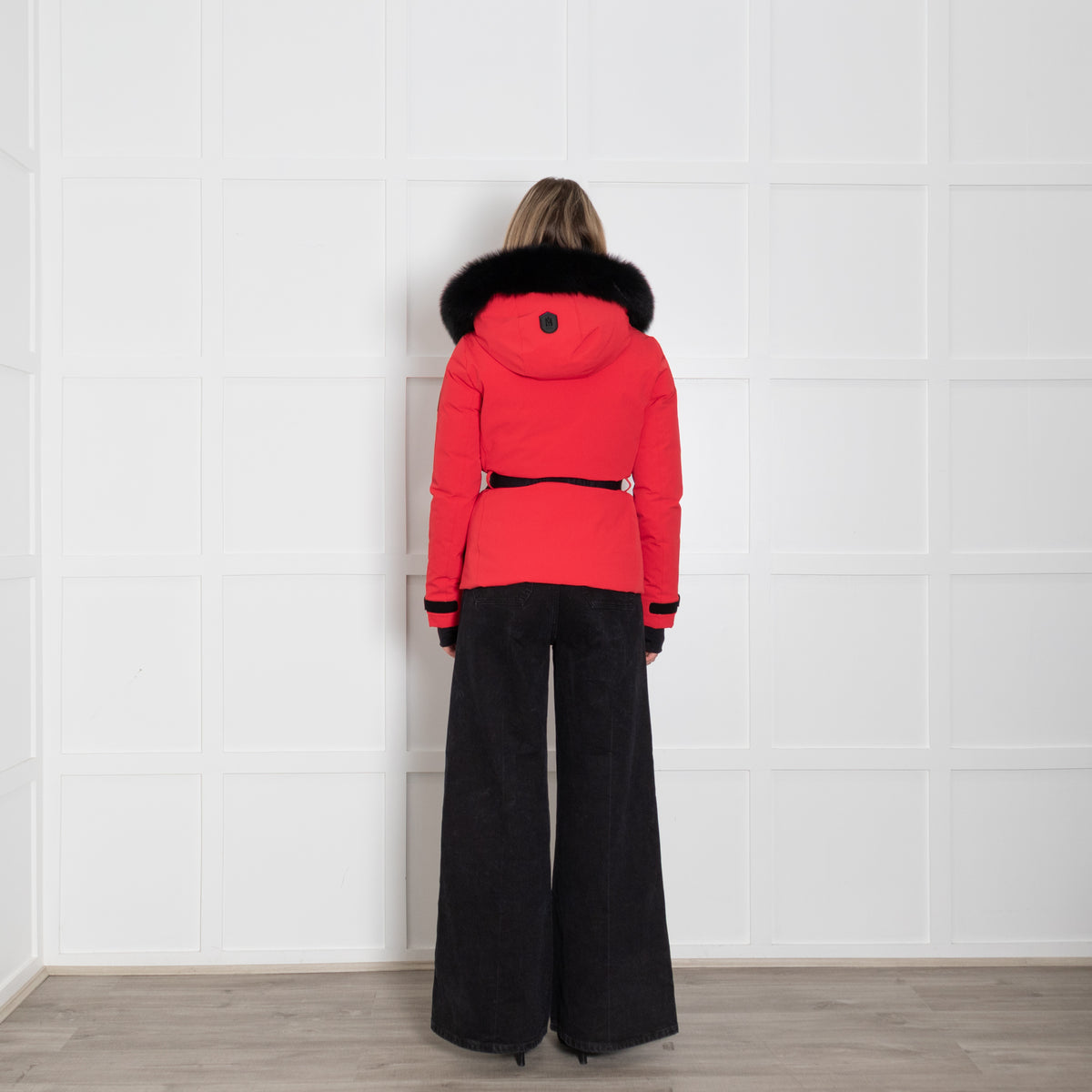 Mackage Krystal Red Black Fur Trim Hood Black Belt Ski Jacket