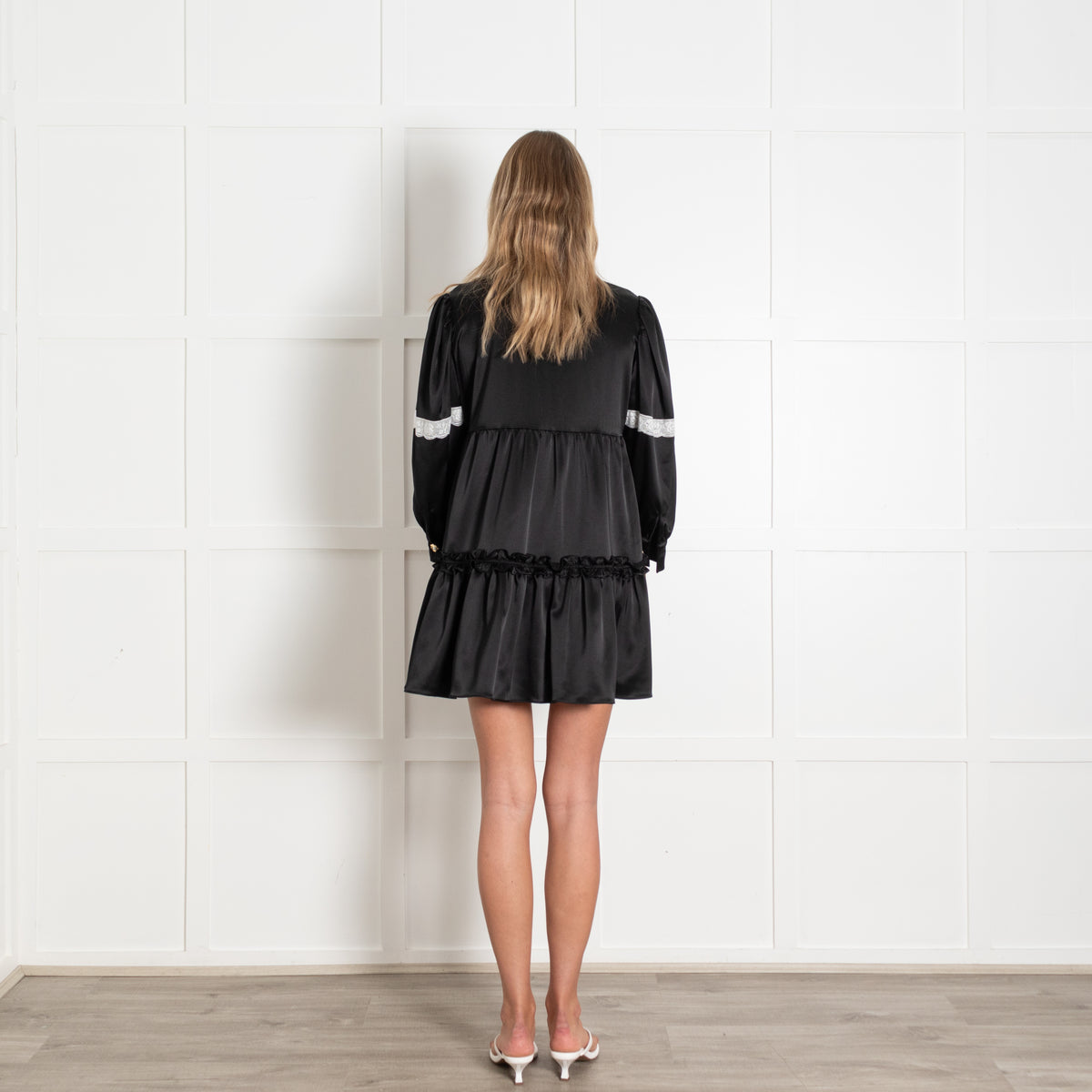 Art Dealer Black White Lace Gold Button Satin Dress