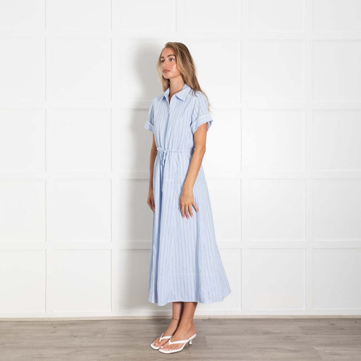 Me + Em Blue And White Drawstring Waist Maxi Shirt Dress