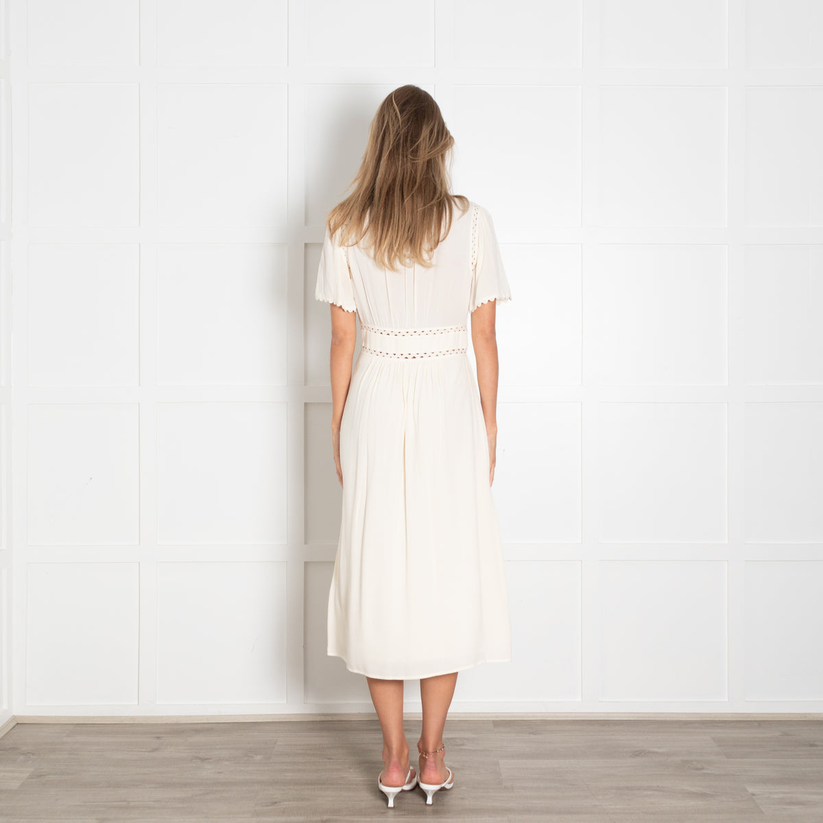 Ba&Sh Pale Yellow Scallop Trim Short Sleeve Midi Dress