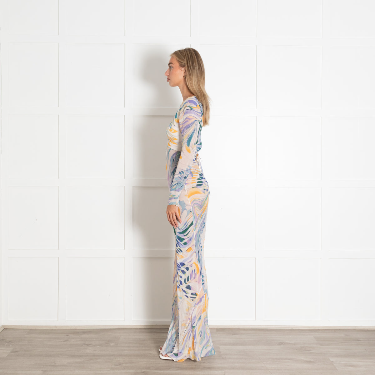 Alexandra Miro White Purple Sheer Lois Wave Maxi Dress