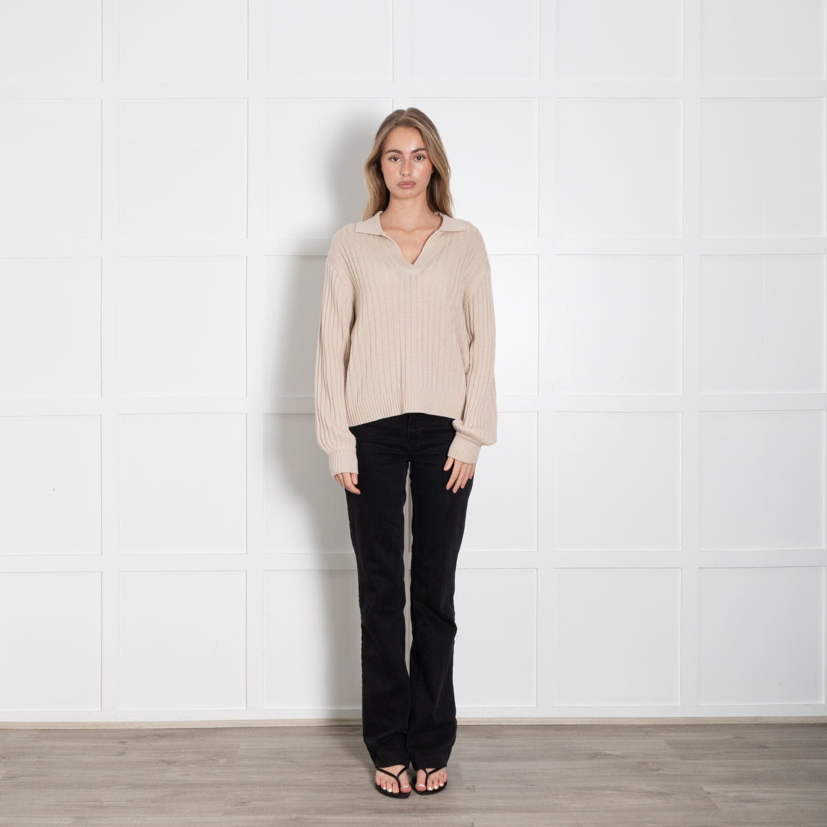 FTC Beige Cashmere Mix Collared Rib Jumper