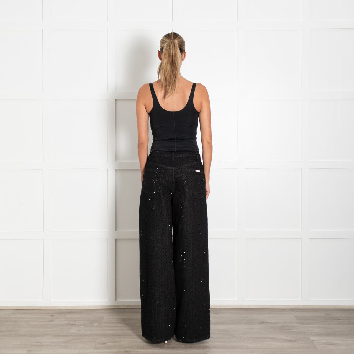 Self-Portrait Black Crystal Embellished Wide Leg Jeans