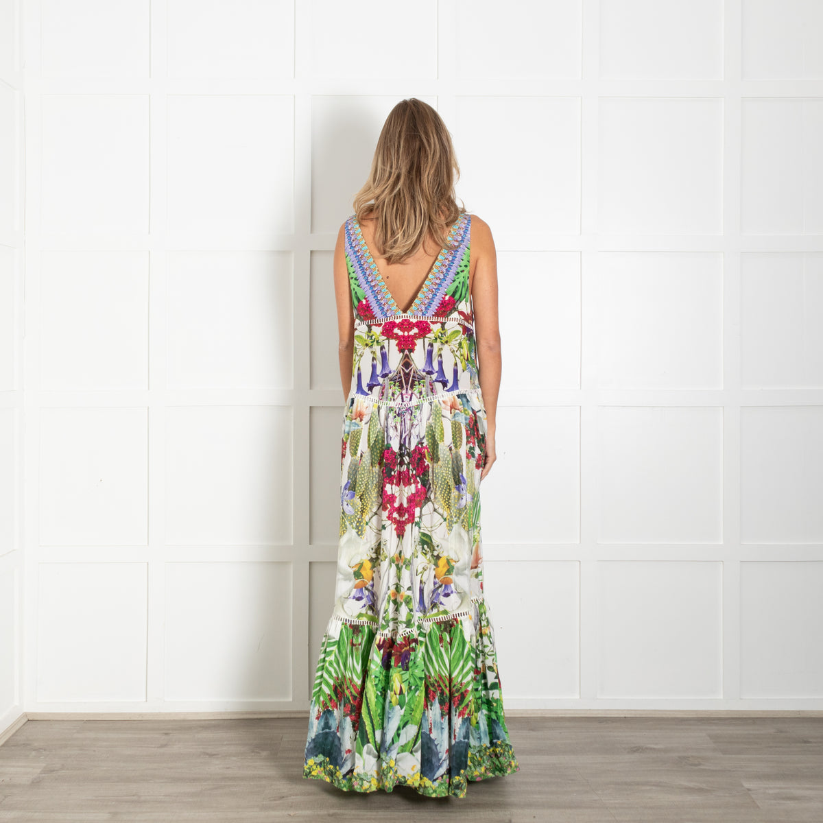 Camilla Cream Green Purple Floral Silk Sleeveless Maxi Dress