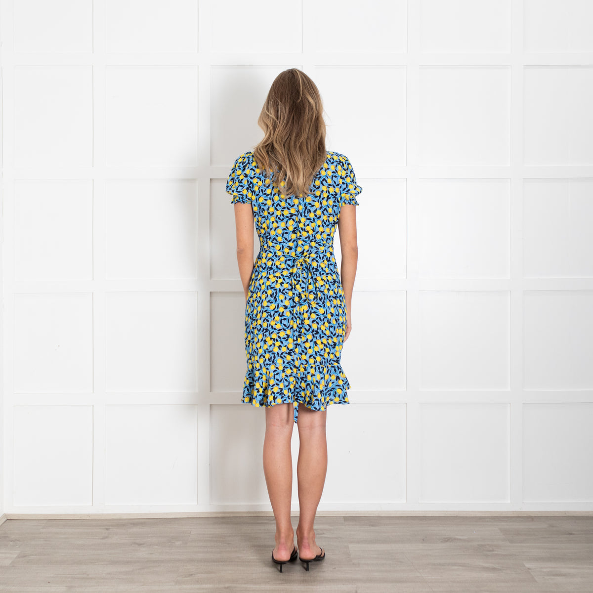 Diane Von Furstenberg Blue And Yellow Lemon Print Wrap Dress