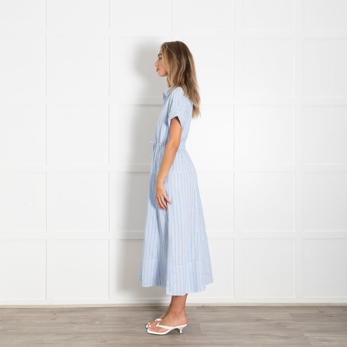 Me + Em Blue And White Drawstring Waist Maxi Shirt Dress